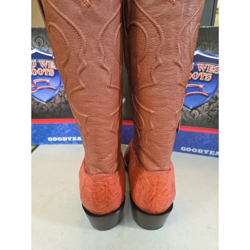 WILD WEST COGNAC 3X-TOE GENUINE TEJU LIZARD WESTERN COWBOY BOOT 11.5 (EE)